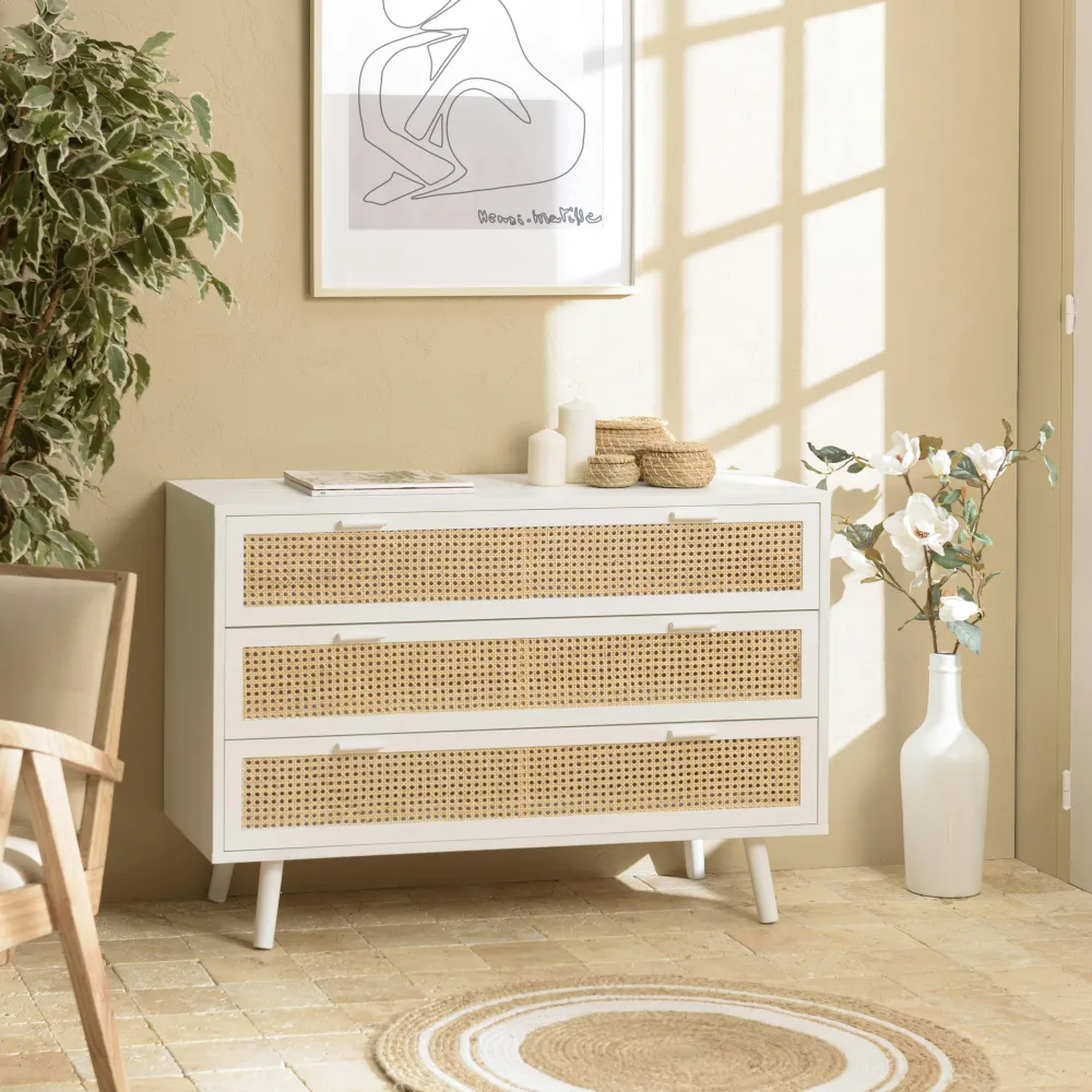 Commodes Scandinaves|Commodes Blanches|CALVIA Commode bois blanc et cannage naturel 3 tiroirs