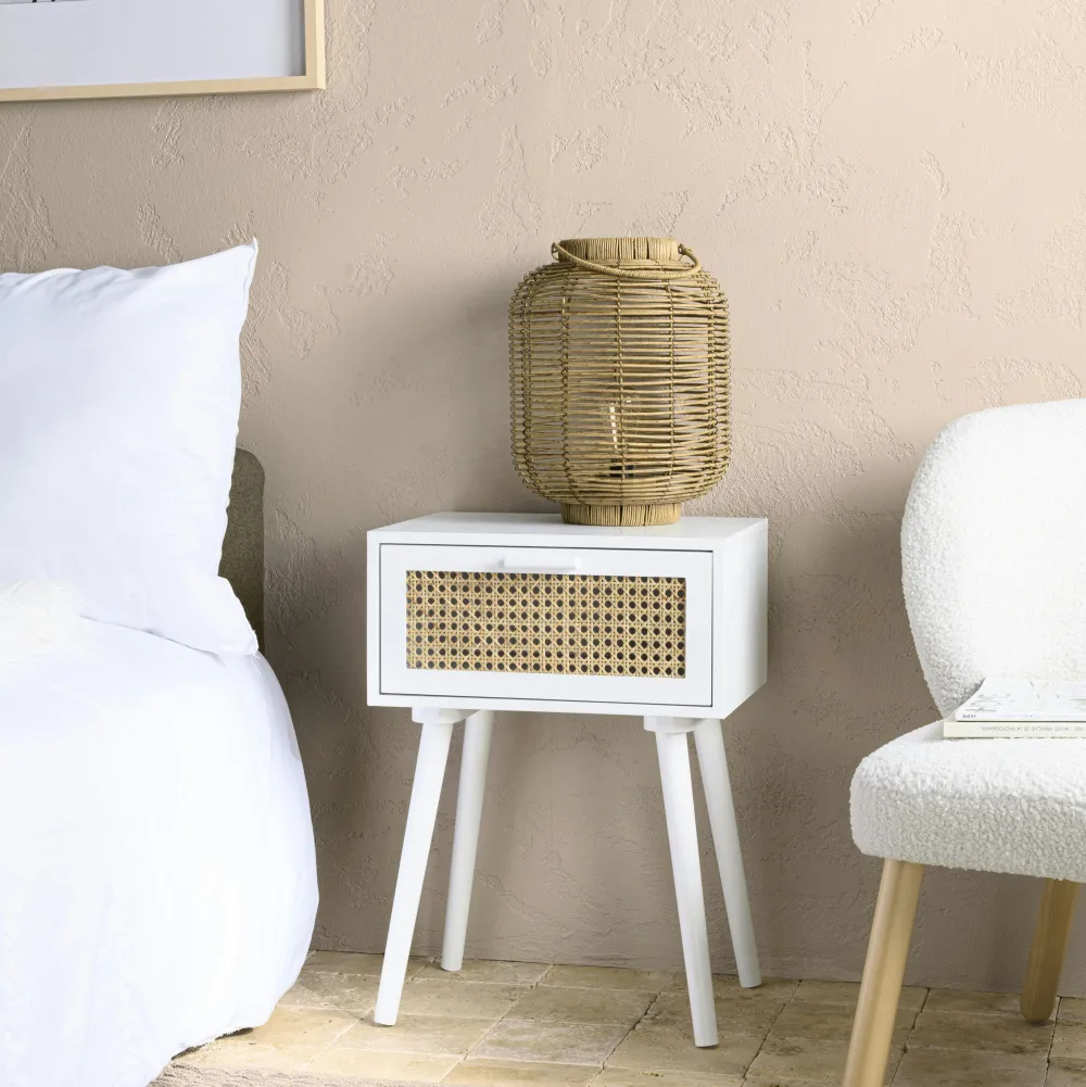 Commodes Scandinaves|Commodes Blanches|CALVIA Commode bois blanc et cannage naturel 3 tiroirs
