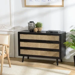 Commodes Scandinaves|Commodes En Bois|PALMA 2 Commode bois noir et rotin 3 tiroirs