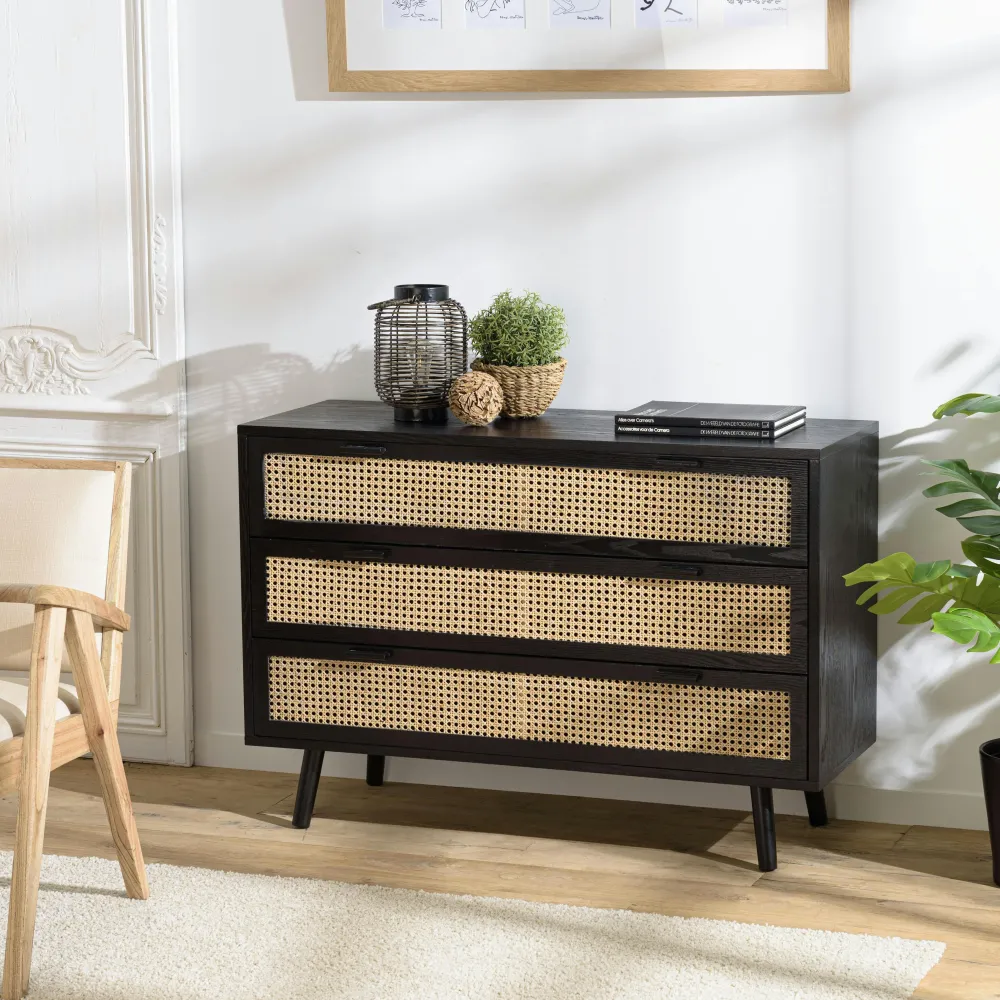 Commodes Scandinaves|Commodes En Bois|PALMA 2 Commode bois noir et rotin 3 tiroirs