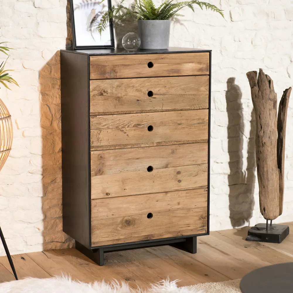 Commodes Scandinaves|Commodes En Bois|PALMA 2 Commode bois noir et rotin 3 tiroirs