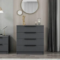 Commodes En Bois|BYRON Commode chambre 4 tiroirs, façade grise rainurée