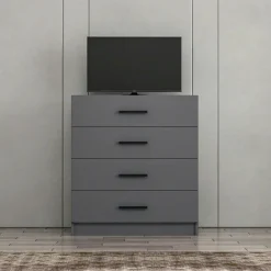 Commodes En Bois|MARFA Commode de chambre grise 4 tiroirs, poignées baguettes