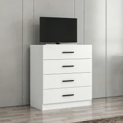 Commodes En Bois|MARFA Commode de chambre grise 4 tiroirs, poignées baguettes