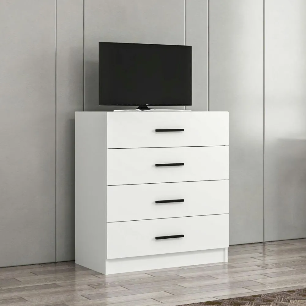 Commodes En Bois|MARFA Commode de chambre grise 4 tiroirs, poignées baguettes