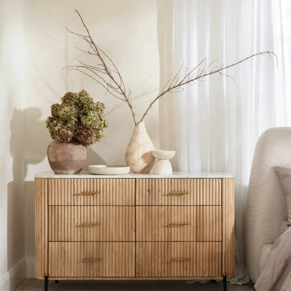 Commodes Blanches|Commodes En Bois|MASSA Commode en bois de manguier et marbre 6 tiroirs