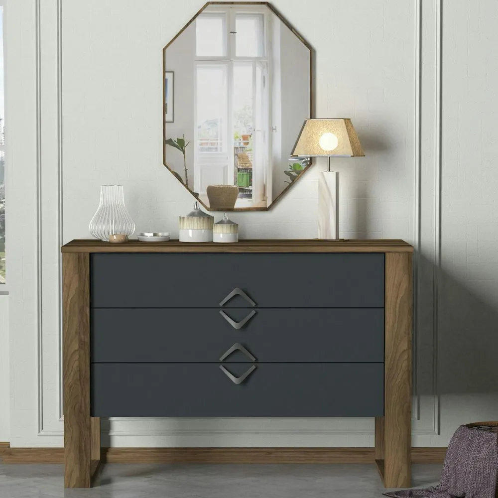 Commodes En Bois|MARFA Commode grise moderne 3 tiroirs, miroir assorti