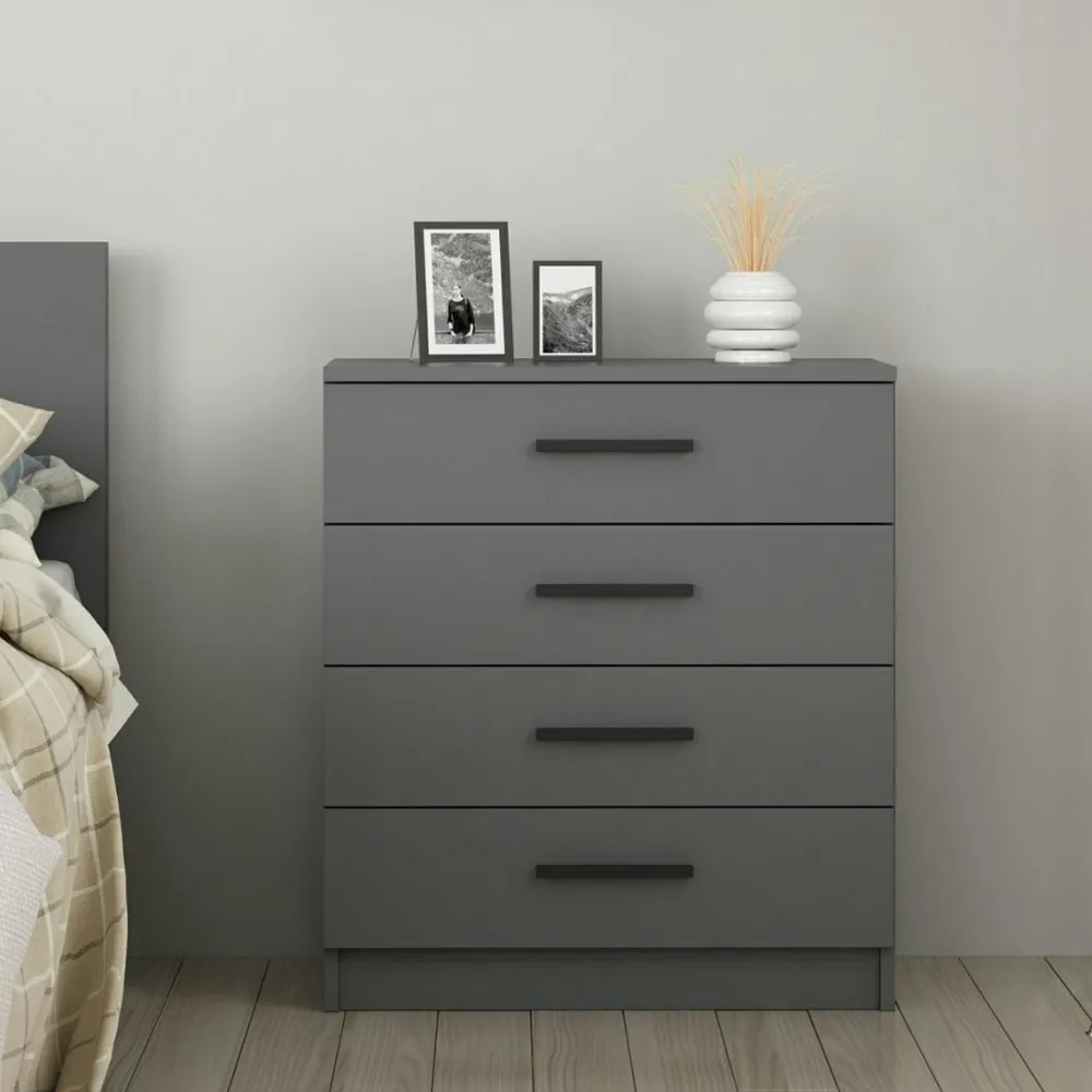 Commodes En Bois|MARFA Commode grise moderne 4 tiroirs, poignées noires