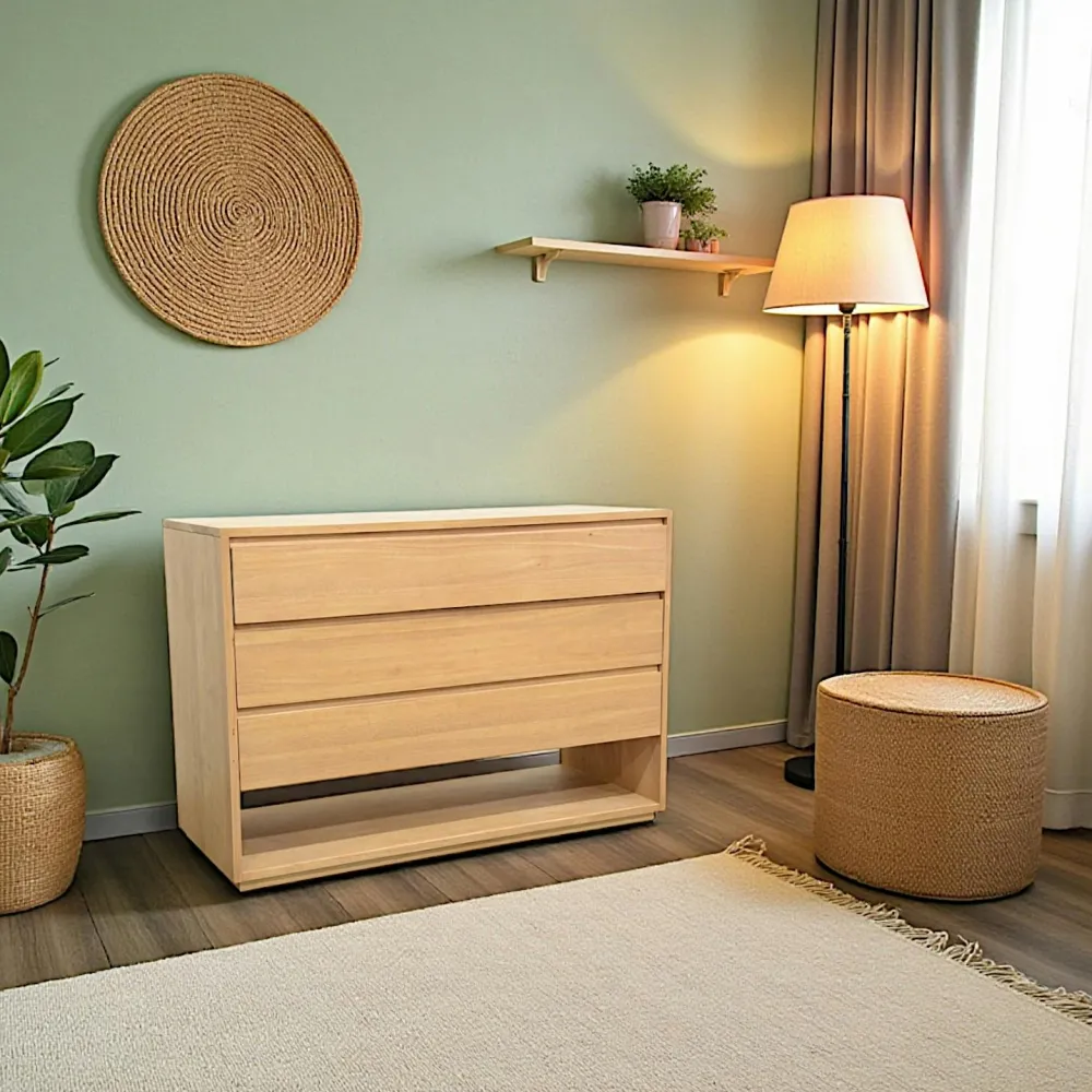 Commodes Scandinaves|Commodes En Bois|Baltic Commode Hévéa 3 tiroirs, 1 niche basse 120x50x86cm