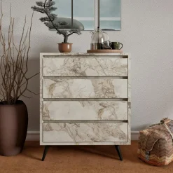 Commodes Blanches|Commodes En Bois|MARFA Commode moderne 4 tiroirs effet marbre, pieds noirs