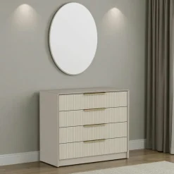 Commodes En Bois|BYRON Commode moderne beige 4 tiroirs, miroir assorti