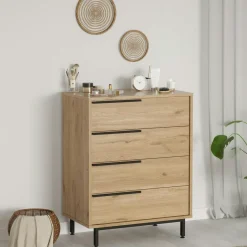 Commodes En Bois|JENA Commode rangement 4 tiroirs à détails noirs, effet bois