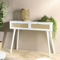 Consoles Scandinaves|Consoles Avec Tiroirs|CALVIA Console blanche moderne 2 tiroirs cannage naturel