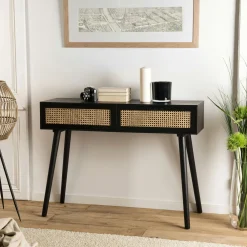 Consoles Avec Tiroirs|Consoles Avec Tiroir|PALMA 2 Console bois noir tiroirs cannage