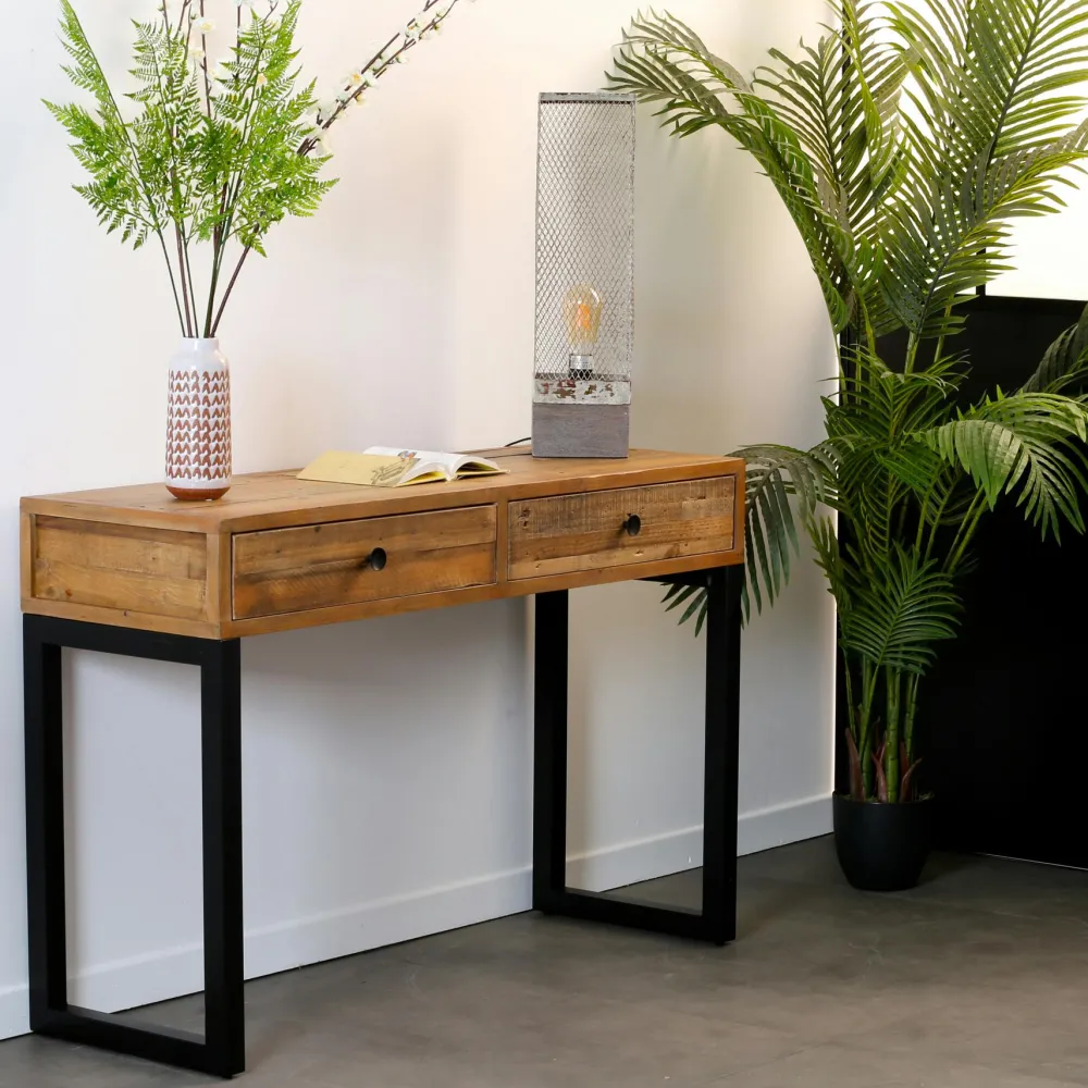 Univers Déco·Loft Industriel|Consoles Industrielles|BRISBANE Console bois recyclé 2 tiroirs