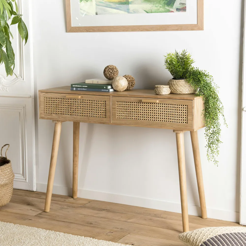 Univers Déco·Scandinave Hygge|Consoles Vintage|ALGA Console cannage 2 tiroirs