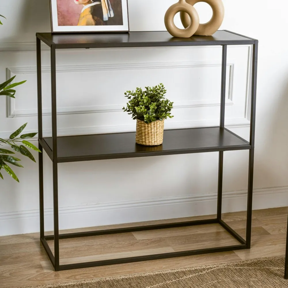 Consoles En Bois|Consoles En Bois|JENA Console d'entrée en métal noir - 2 plateaux