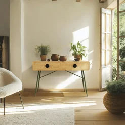 Consoles En Bois|Consoles En Bois|BAGAN Console pieds tréteaux métal vert et pin