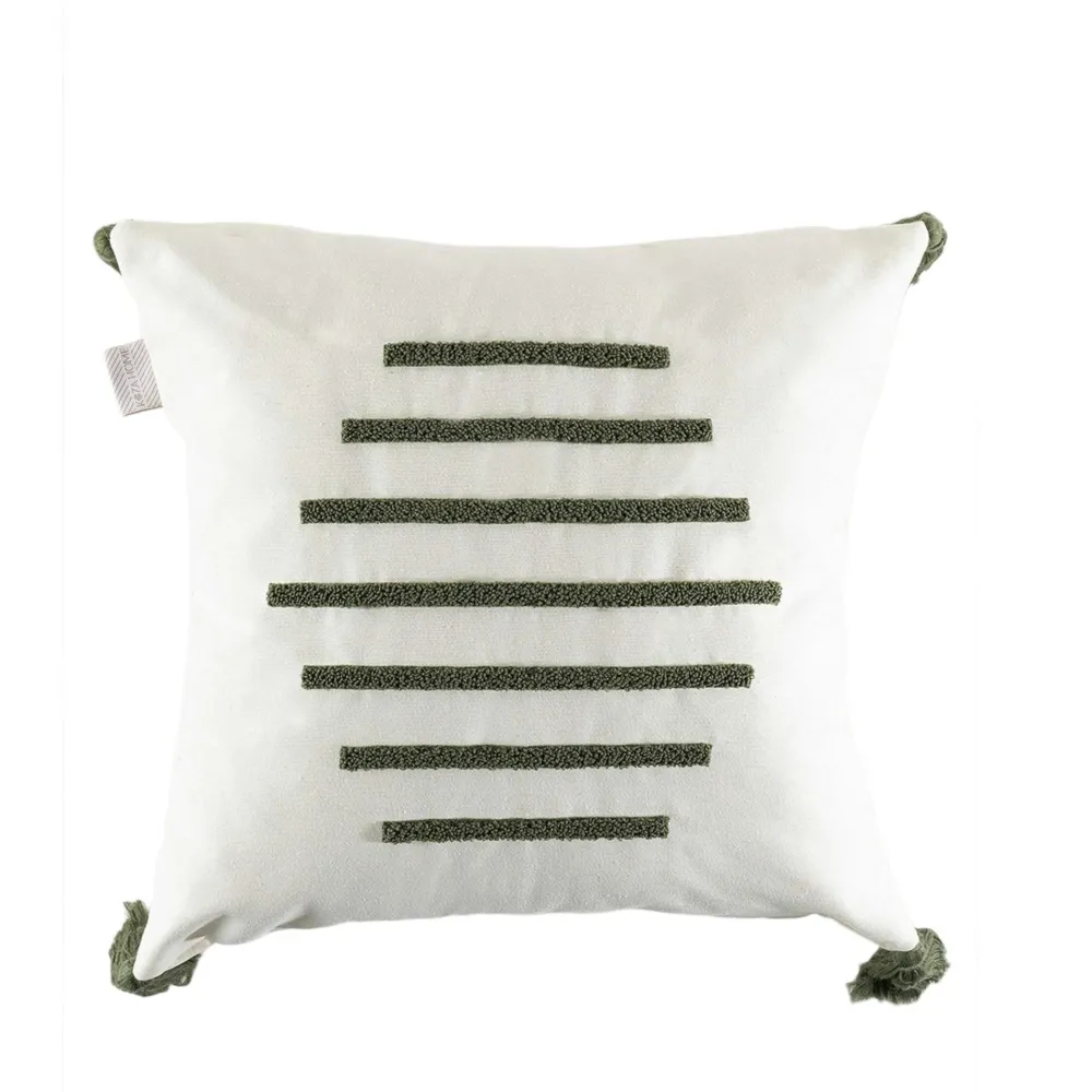 Textile·Coussins|IZMIR Coussin en lin à pompons – rayures en bouclette verte