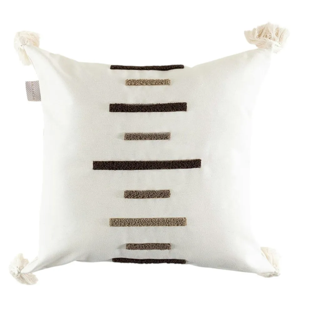 Textile·Coussins|IZMIR Coussin en lin à pompons – rayures en bouclette marron