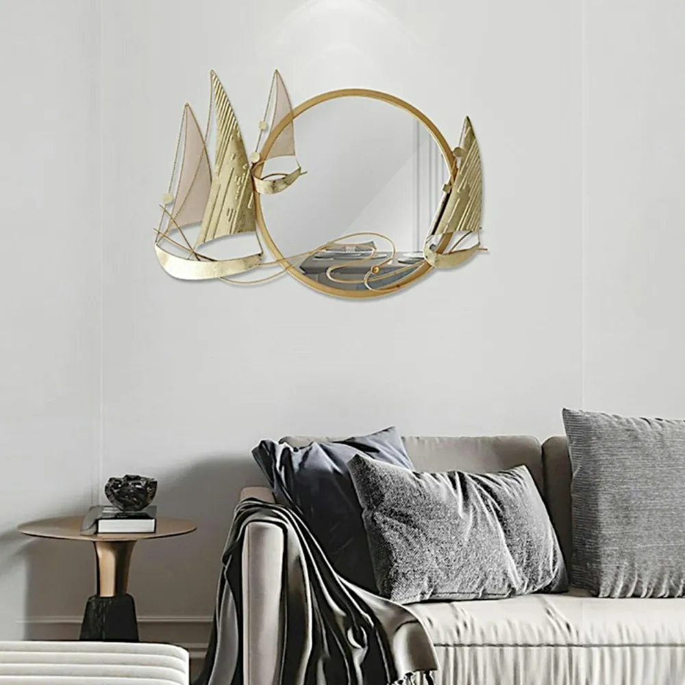 Décorations Murales| Décoration murale en métal avec miroir rond et bateaux dorés
