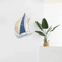 Décorations Murales| Décoration murale voilier bleu métal et rotin