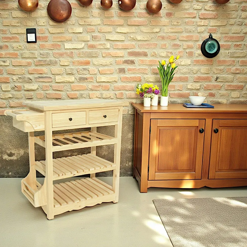 Meubles De Cuisine·Dessertes / Chariots|Tradition Desserte de cuisine Hévéa 2 tiroirs, 2 étagères, 1 rack à bouteilles, 1 rangement latéral 70x45x84cm