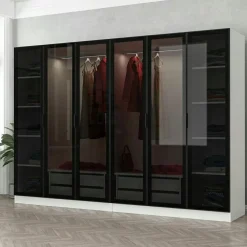 Armoires En Bois|Meubles De Chambre·Dressings|BYRON Dressing design 6 portes en verre noir & cadre blanc