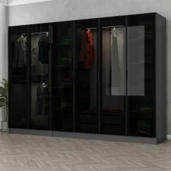 Armoires En Bois|Meubles De Chambre·Dressings|BYRON Dressing design 6 portes verre noir & cadre anthracite