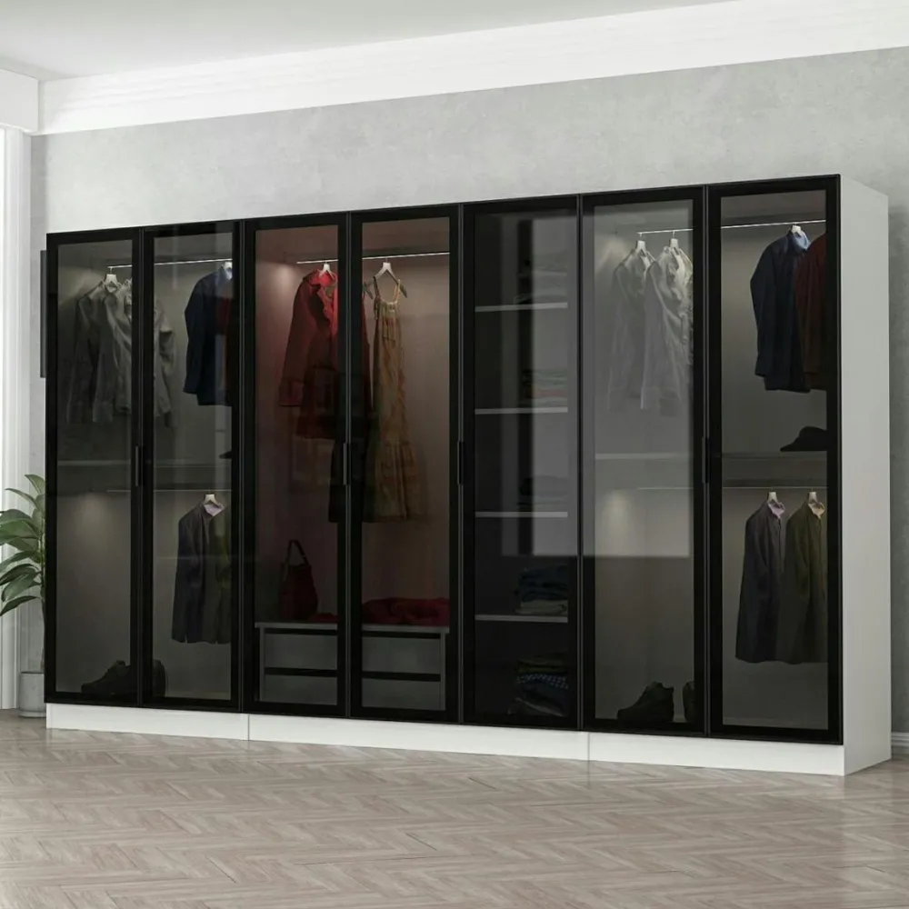 Armoires En Bois|Meubles De Chambre·Dressings|BYRON Dressing XXL 5 penderies, anthracite & verre noir 190 cm