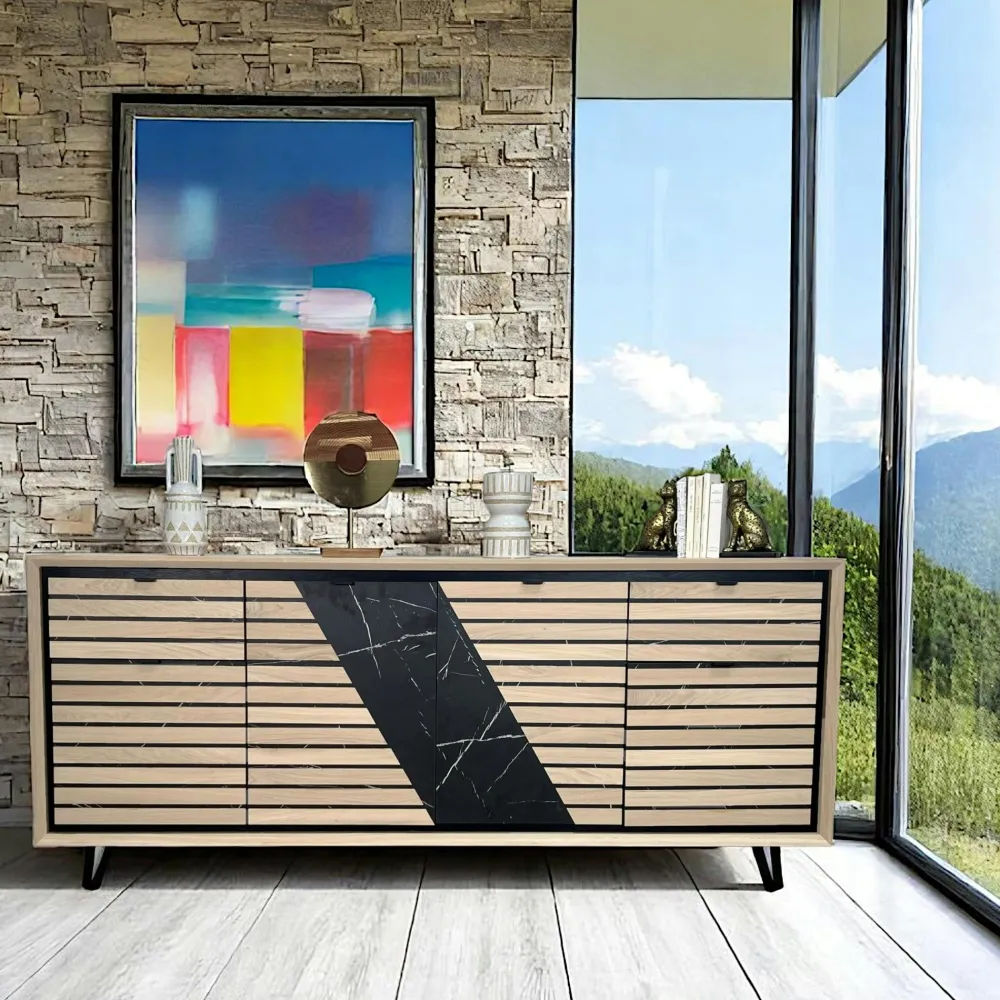 Buffets Noirs|Buffets Noirs|ESSEN Enfilade 4 portes chêne blanc décor graphique