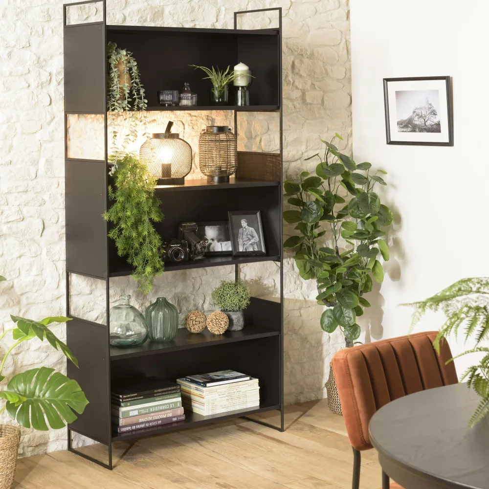 Etagères Industrielle|CORUMBA Etagère bibliothèque noire bois et métal 5 niches