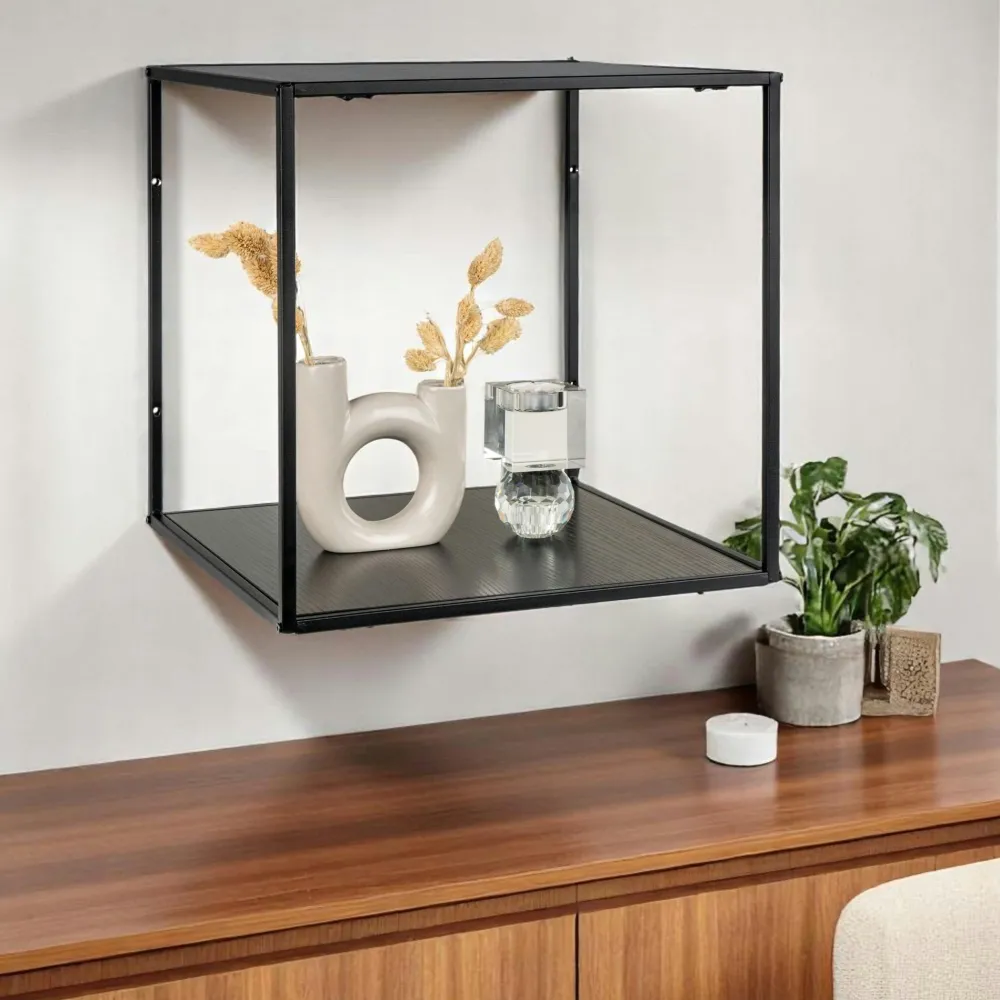 Meubles De Salon·Etagères Murales|Meubles De Rangement·Etagères Murales|TALLINN Etagère cube design effet bois clair et métal noir