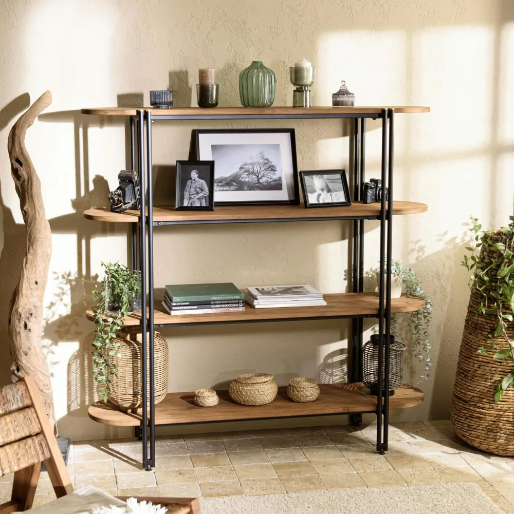 Etagères Industrielle|Swing Etagère de rangement en teck et métal 4 niveaux 140 cm