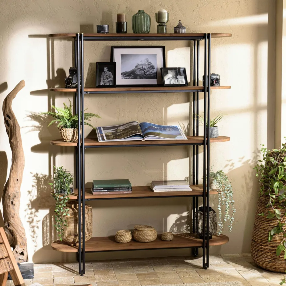 Etagères Industrielle|Swing Etagère de rangement en teck et métal 4 niveaux 140 cm