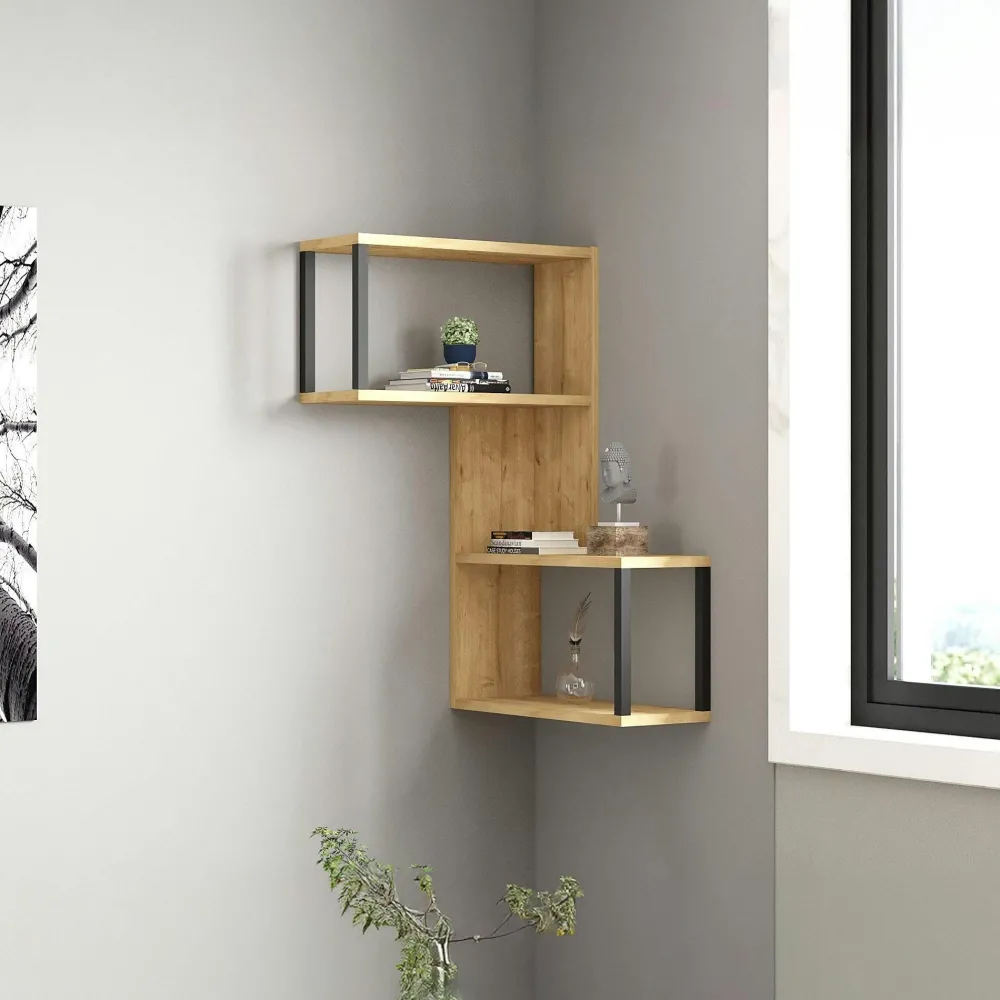Meubles De Salon·Etagères Murales|Meubles De Rangement·Etagères Murales|JENA Etagère murale d'angle effet bois clair - 2 niches