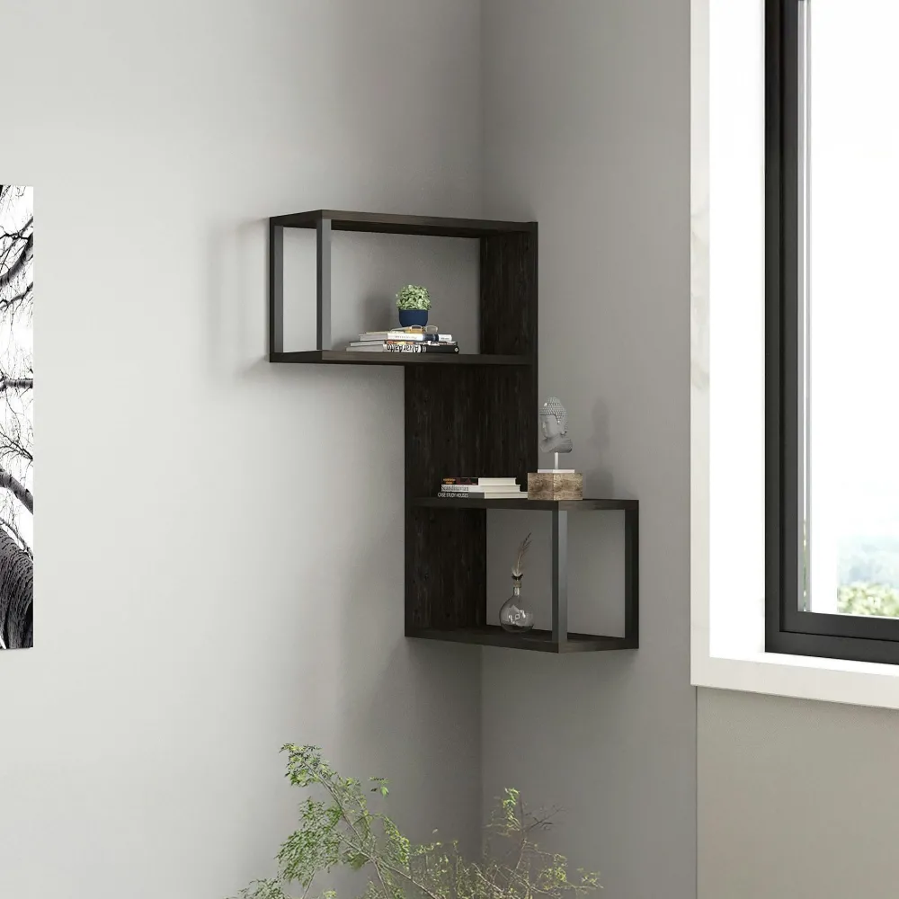 Meubles De Salon·Etagères Murales|Meubles De Rangement·Etagères Murales|JENA Etagère murale d'angle effet bois clair - 2 niches