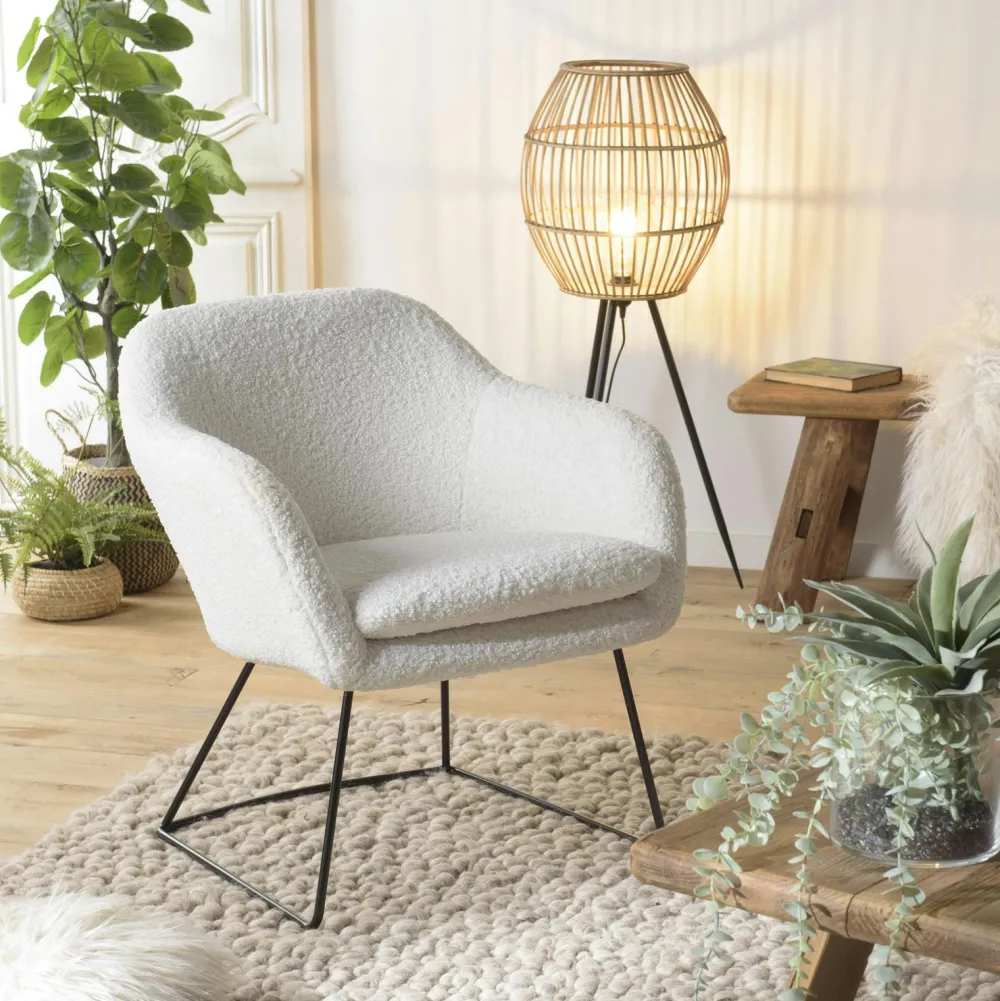 Fauteuils En Tissu|Chaises Bouclettes|TIM Fauteuil blanc contemporain en tissu bouclette