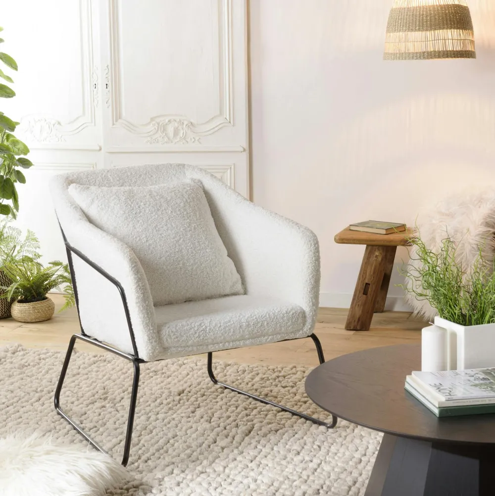 Fauteuils En Tissu|Chaises Bouclettes|TIM Fauteuil blanc en tissu bouclette