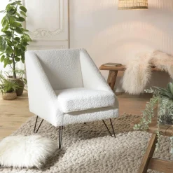 Fauteuils En Tissu|Chaises Bouclettes|TIM Fauteuil club blanc tissu bouclette