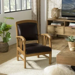 Fauteuils En Cuir| Fauteuil colonial teck assise cuir brun DIKA