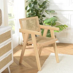 Fauteuils En Rotin|TIM Fauteuil contemporain bois clair tissu blanc et cannage