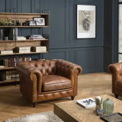 Fauteuils Vintage|Fauteuils En Cuir|PRESTON Fauteuil cuir brun Chesterfield 2 roulettes
