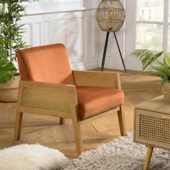 Univers Déco·Vintage|Fauteuils En Tissu|TIM Fauteuil de chambre en cannage et velours rouille