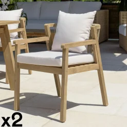Chaises De Jardin|BAHIA Fauteuil de jardin acacia naturel dossier tressé et coussins (lot de 2)