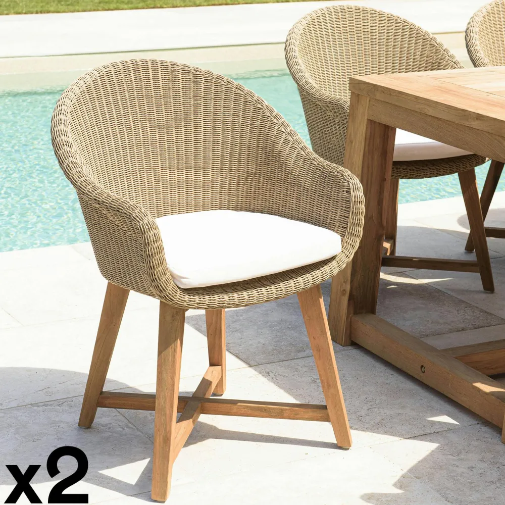 Chaises De Jardin|MANY Fauteuil de jardin arrondi résine tressée beige (lot de 2)