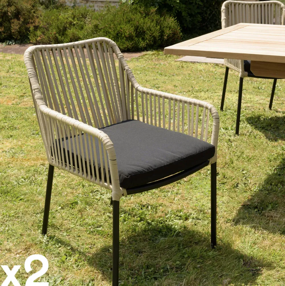 Chaises De Jardin|GIJON Fauteuil de jardin cordage couleur naturelle 1 coussin noir (lot de 2)