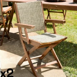 Chaises De Jardin|BAHIA Fauteuil de jardin pliant acacia rotin synthétique (lot de 2)