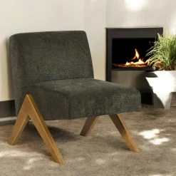 Fauteuils En Tissu|SOHO Fauteuil de salon bois et velours anthracite
