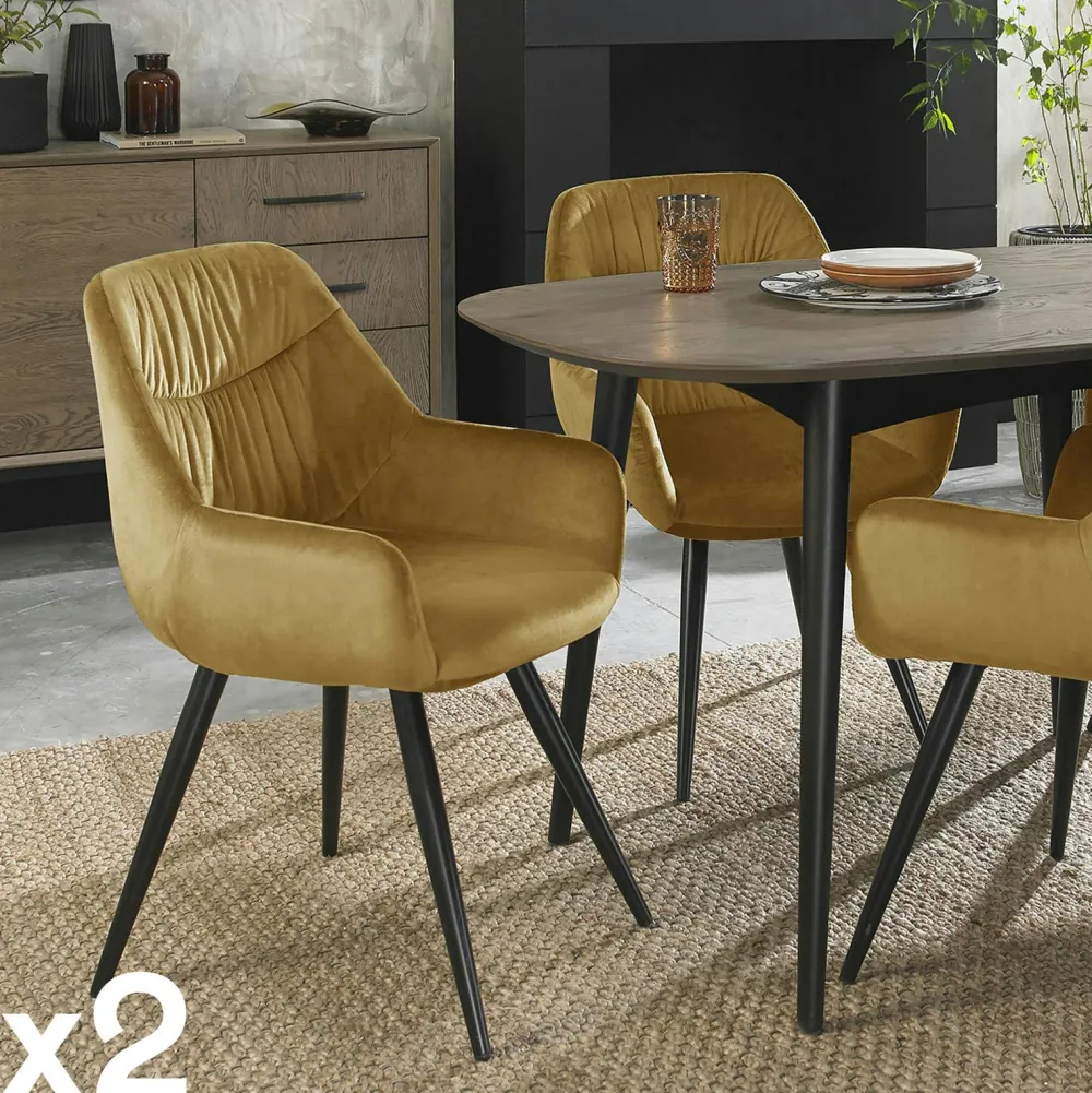 Chaises Avec Accoudoirs|Chaises Velours|ARLINGTON Fauteuil de table en velours moutarde (lot de 2)